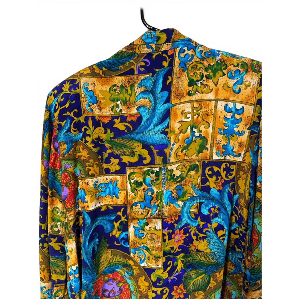 Vintage Bob Mackie Silk‎ Blouse Womens 6 Blue Baroque Floral Shawl Collar Top - Picture 8 of 11